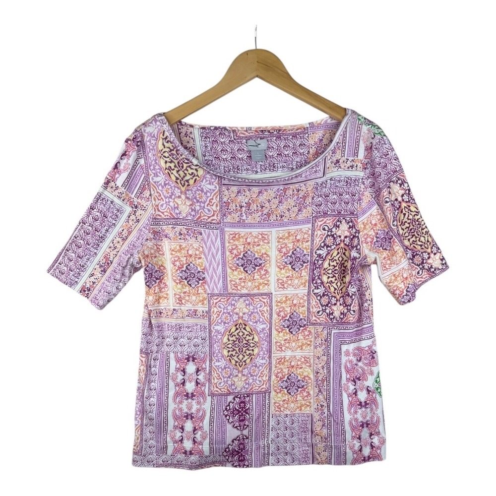 Chico's Paisley Print 1/2 Sleeve Pima Cotton Shirt size Medium Purple/Pink/Orang